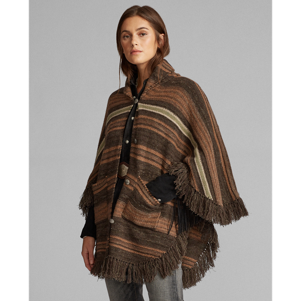 Brown Multi Fringe Linen-Blend Poncho RRL 3