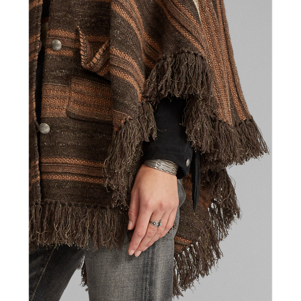 Brown Multi Fringe Linen-Blend Poncho RRL 6