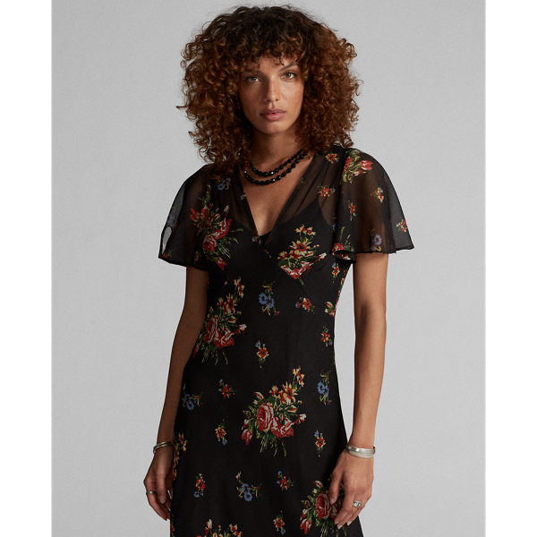 Rl 365 Black Multi Floral Silk Chiffon Dress RRL 3