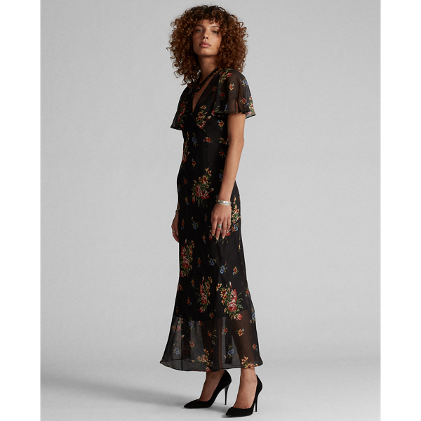 Rl 365 Black Multi Floral Silk Chiffon Dress RRL 4