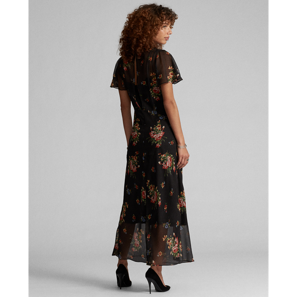 Rl 365 Black Multi Floral Silk Chiffon Dress RRL 5