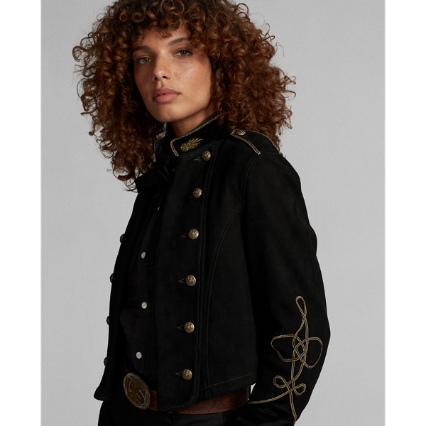 Black Soutache-Trim Cropped Suede Jacket RRL 6