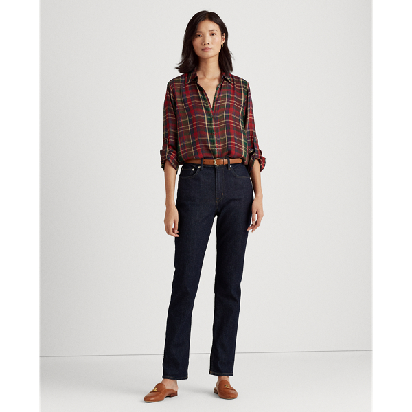 Plaid Roll-Tab-Sleeve Twill Shirt Lauren in Red/Green Multi 3