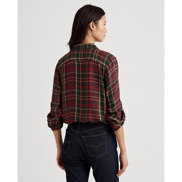 Plaid Roll-Tab-Sleeve Twill Shirt Lauren in Red/Green Multi 4