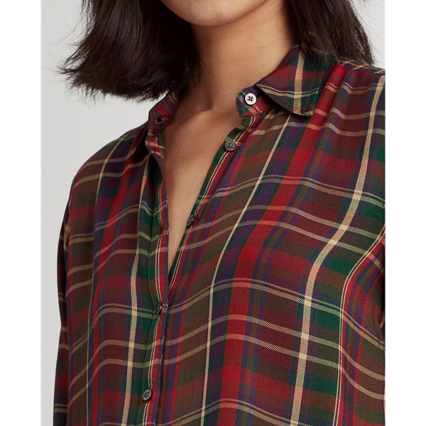 Plaid Roll-Tab-Sleeve Twill Shirt Lauren in Red/Green Multi 5