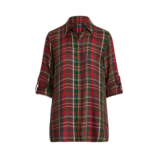 Plaid Roll-Tab-Sleeve Twill Shirt Lauren in Red/Green Multi 2
