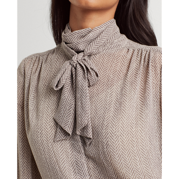 Grey Multi Herringbone Georgette Tie-Neck Top Lauren 6