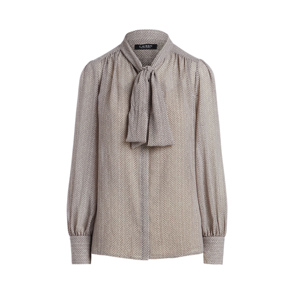 Grey Multi Herringbone Georgette Tie-Neck Top Lauren 2