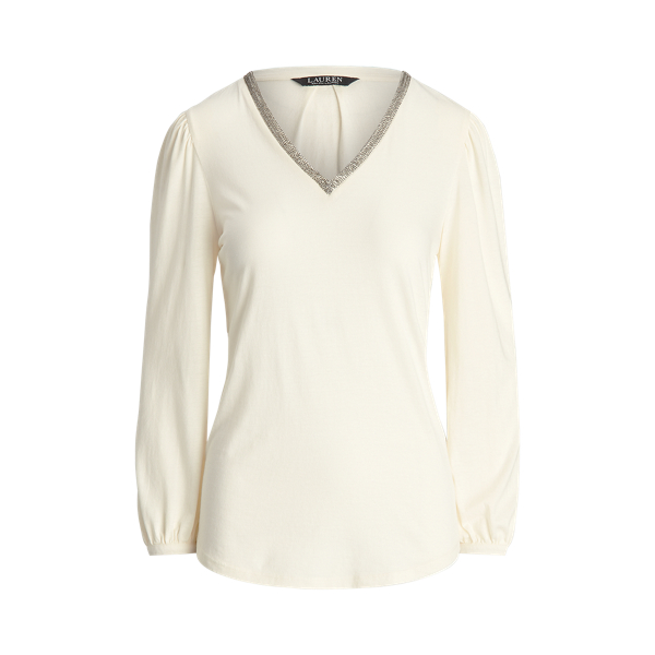 Pale Cream Beaded Cotton-Modal Top Lauren 2