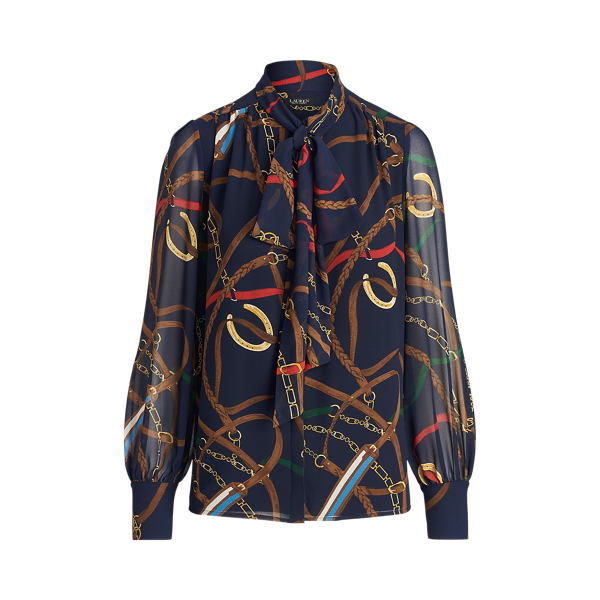 Lauren Navy Multi Print Georgette Tie-Neck Top Lauren 2