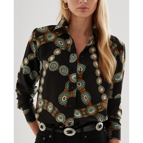 Polo Black Multi Belt-Print Crepe Shirt Lauren 6