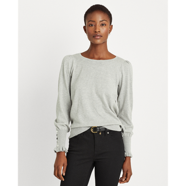 Pearl Grey Heather Cotton-Modal Puff-Sleeve Sweater Lauren 1