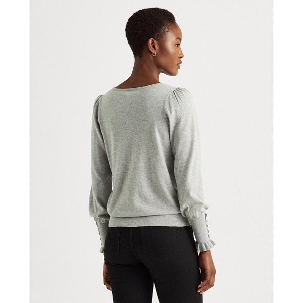 Pearl Grey Heather Cotton-Modal Puff-Sleeve Sweater Lauren 5