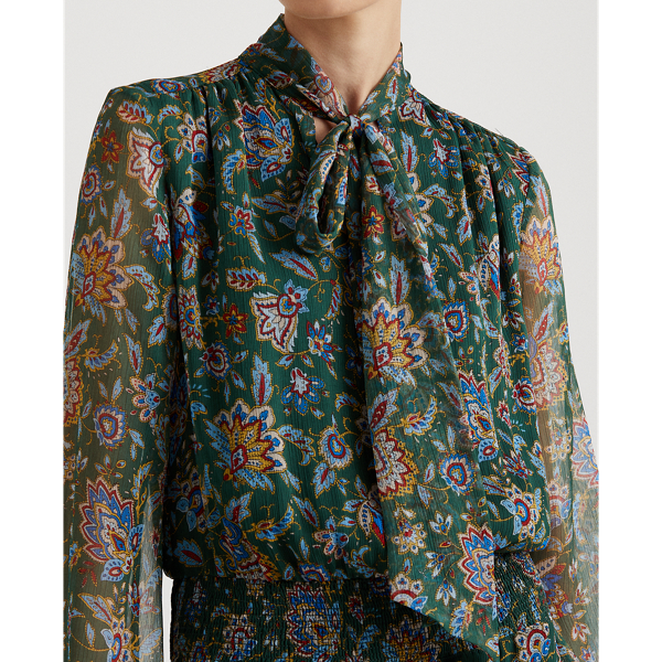 Ascot-Print Georgette Dress Lauren Petite em Deep Pine Multi 5