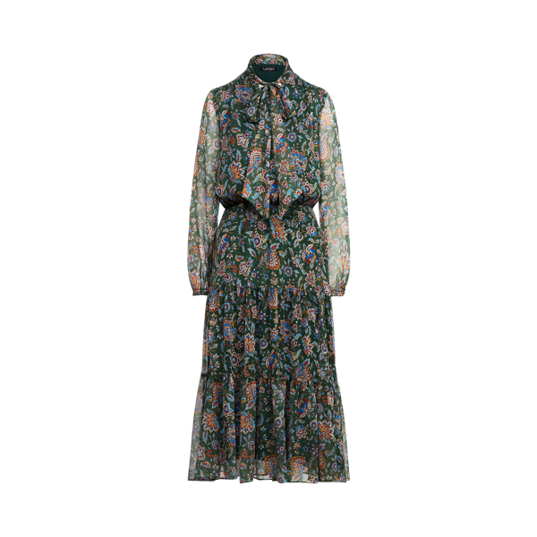Ascot-Print Georgette Dress Lauren Petite em Deep Pine Multi 2