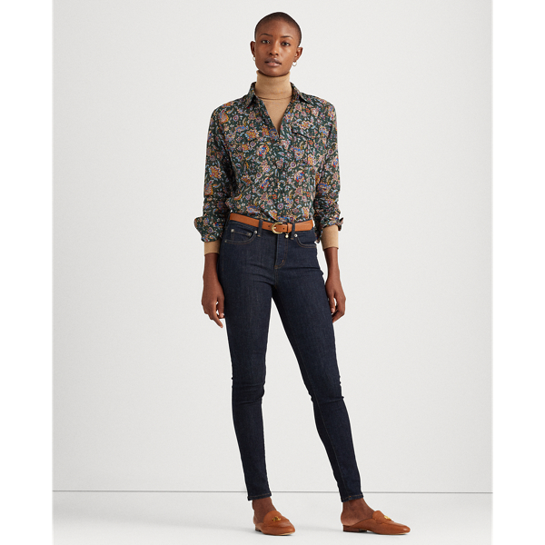 Ascot-Print Cotton Voile Shirt Lauren Petite em Deep Pine Multi 4