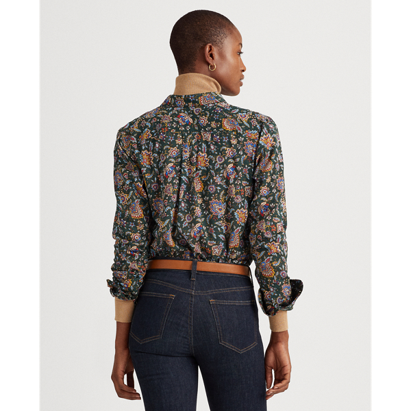 Ascot-Print Cotton Voile Shirt Lauren Petite em Deep Pine Multi 5