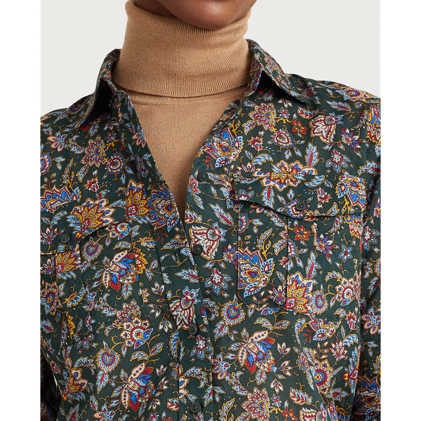 Ascot-Print Cotton Voile Shirt Lauren Petite em Deep Pine Multi 6