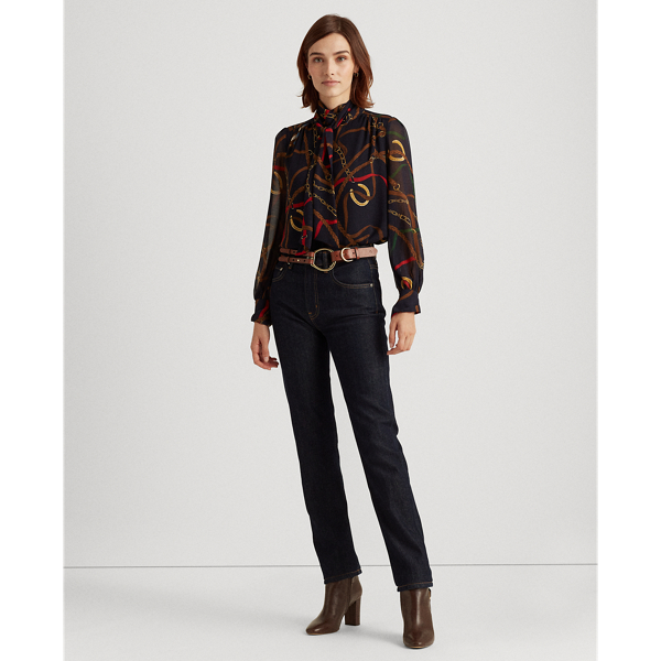 Lauren Navy Multi Print Georgette Tie-Neck Top Lauren Petite 3