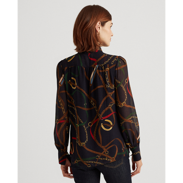 Lauren Navy Multi Print Georgette Tie-Neck Top Lauren Petite 4