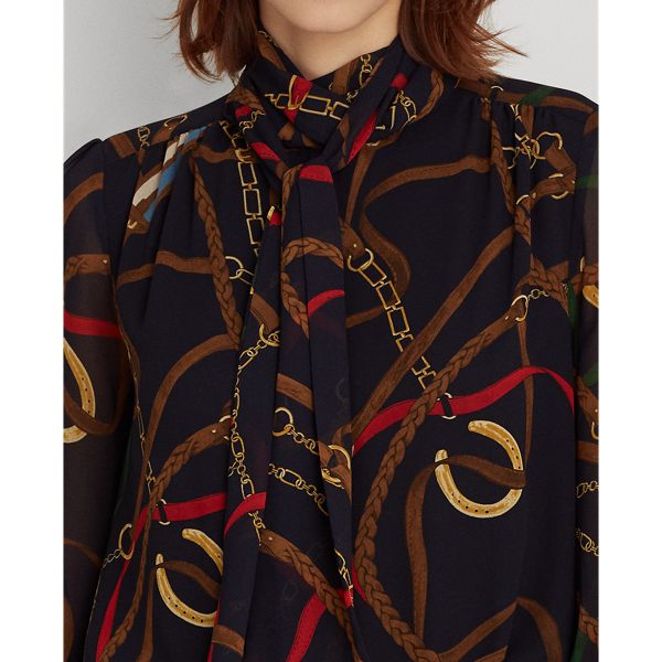 Lauren Navy Multi Print Georgette Tie-Neck Top Lauren Petite 5
