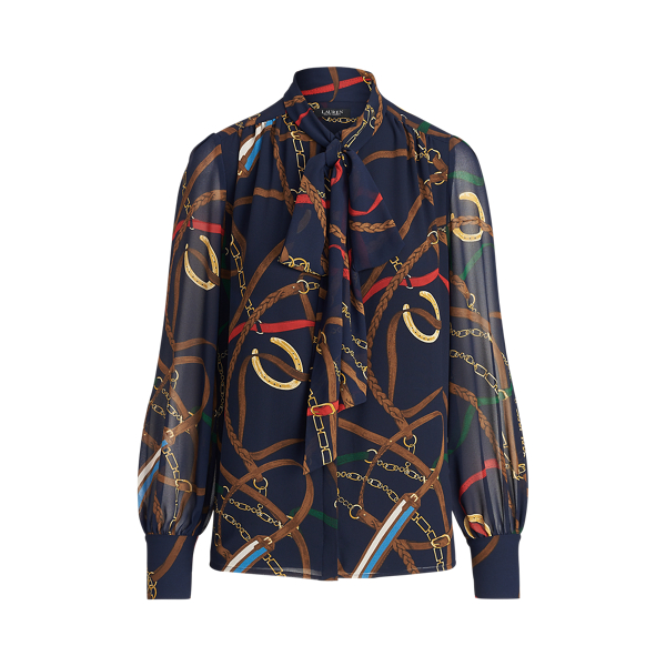 Lauren Navy Multi Print Georgette Tie-Neck Top Lauren Petite 2