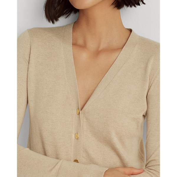 Champagne Lurex Metallic Cotton-Blend Cardigan Jumper Lauren 6