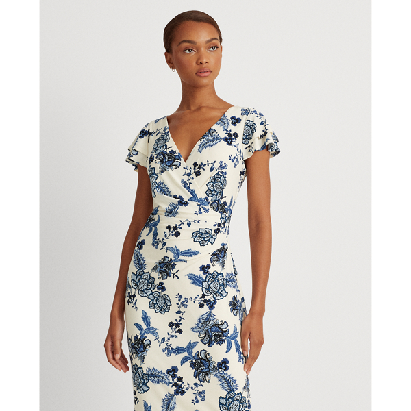 Lemon Ivory/Blue/Multi Floral Jersey Surplice Dress Lauren 4