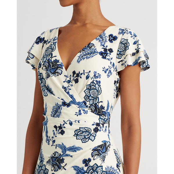 Lemon Ivory/Blue/Multi Floral Jersey Surplice Dress Lauren 6