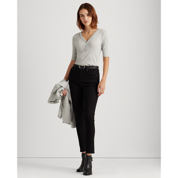 Cotton-Blend Henley Top Lauren em Pearl Grey Heather 4