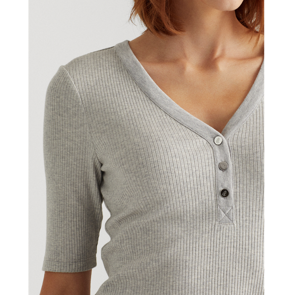 Cotton-Blend Henley Top Lauren em Pearl Grey Heather 6