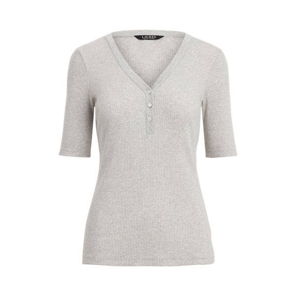 Cotton-Blend Henley Top Lauren em Pearl Grey Heather 2