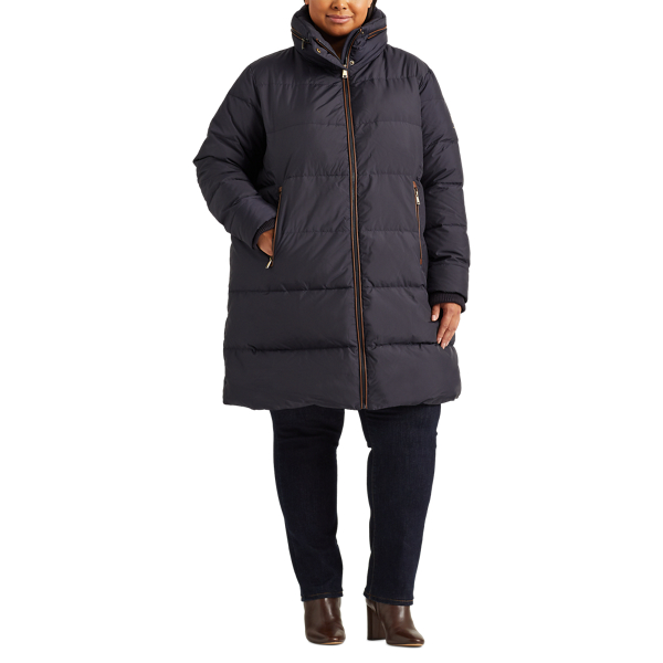 Dk Navy Faux Leather-Trimmed Down Coat Lauren Woman 3