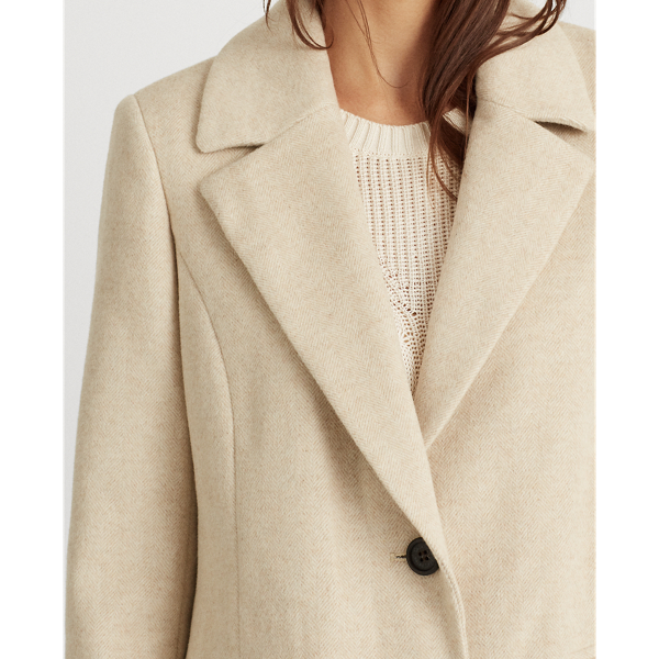 Cream/Beige Herringbone Herringbone Wool-Blend Coat Lauren 6