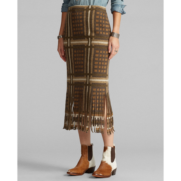 Brown Multi Fringe Graphic Wool-Cashmere Skirt RRL 3