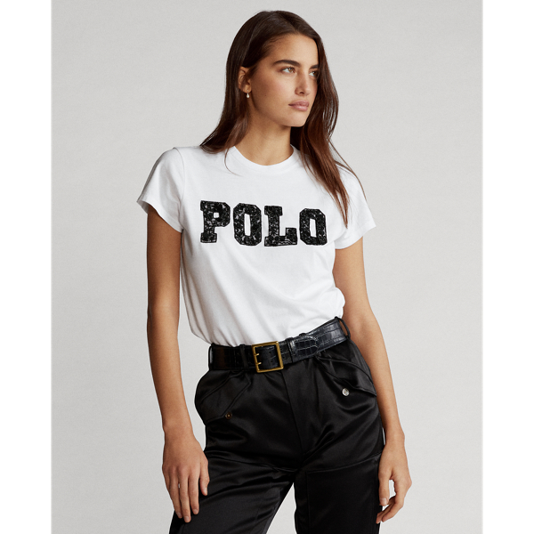 White Beaded Logo Cotton Tee Polo Ralph Lauren 1
