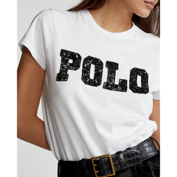 White Beaded Logo Cotton Tee Polo Ralph Lauren 6