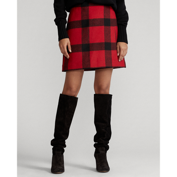 Red Buffalo Check Plaid Wool-Blend Wrap Skirt Polo Ralph Lauren 3