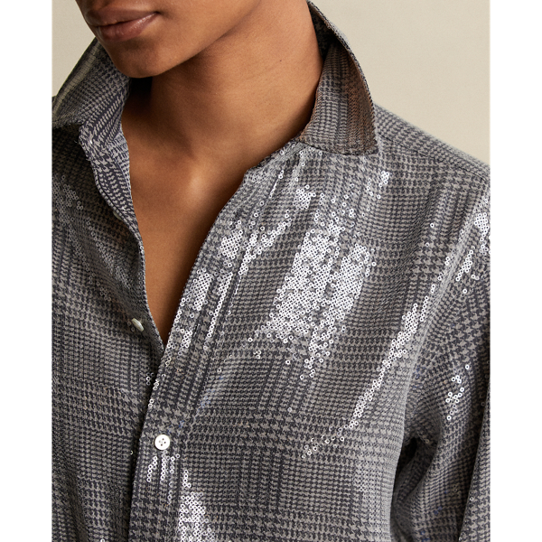 Grey/Black Glen Plaid Sequined Plaid Shirt Polo Ralph Lauren 6