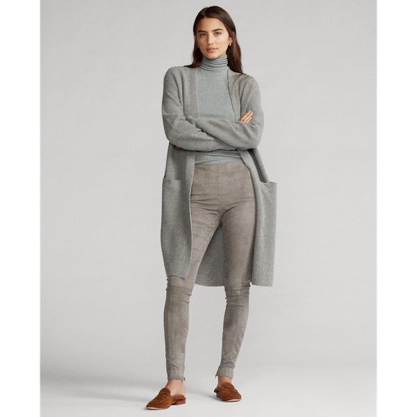 Fawn Grey Heather Ribbed Wool-Blend Cardigan Polo Ralph Lauren 4