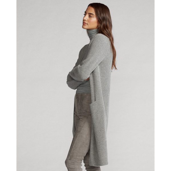 Fawn Grey Heather Ribbed Wool-Blend Cardigan Polo Ralph Lauren 6
