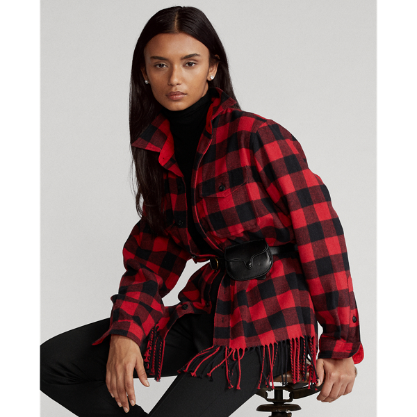 Red/Black Buffalo Fringe-Trim Plaid Shirt Polo Ralph Lauren 7