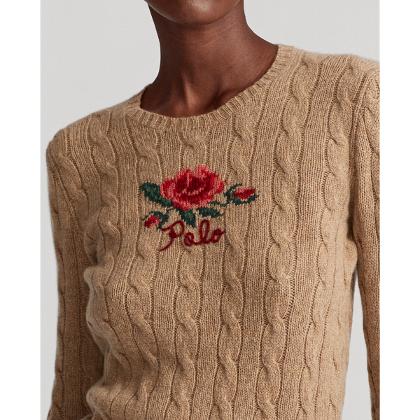 Caf&eacute; Cream Heather Multi Floral Embroidery Cable-Knit Jumper Polo Ralph Lauren 6