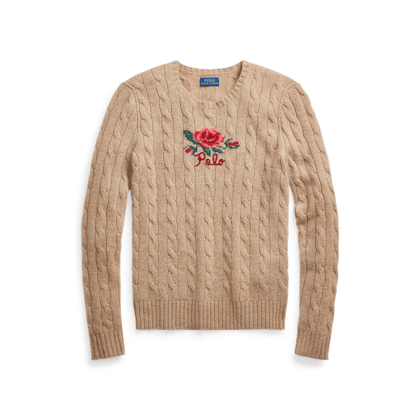 Caf&eacute; Cream Heather Multi Floral Embroidery Cable-Knit Jumper Polo Ralph Lauren 2
