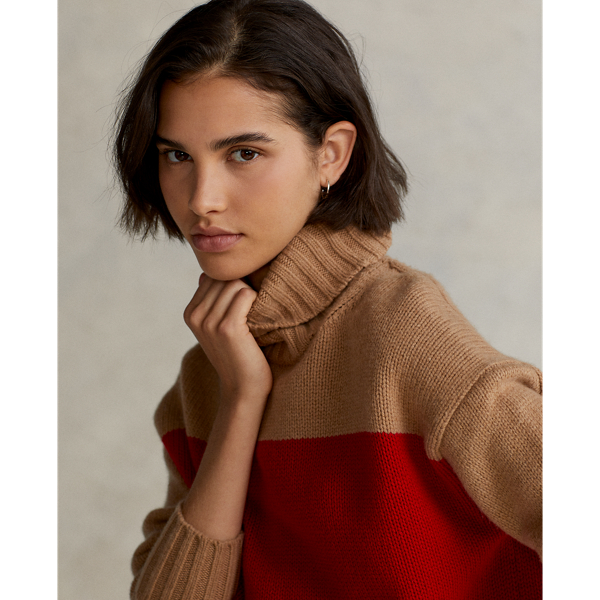 Camel Melange/Martin Red Colour-Blocked Wool Roll Neck Jumper Polo Ralph Lauren 5