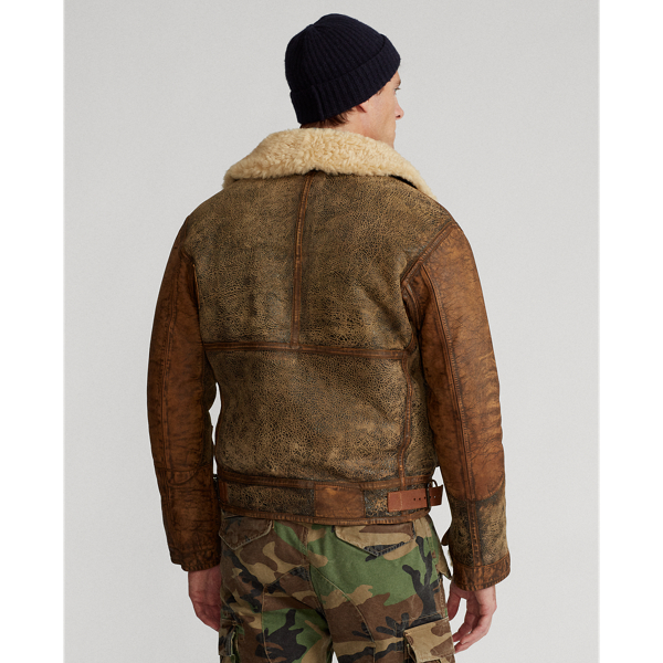 Brown Earth Leather-Trim Shearling Flight Jacket Polo Ralph Lauren 5