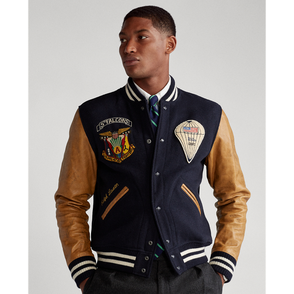 Leather sleeve baseball jacket sale