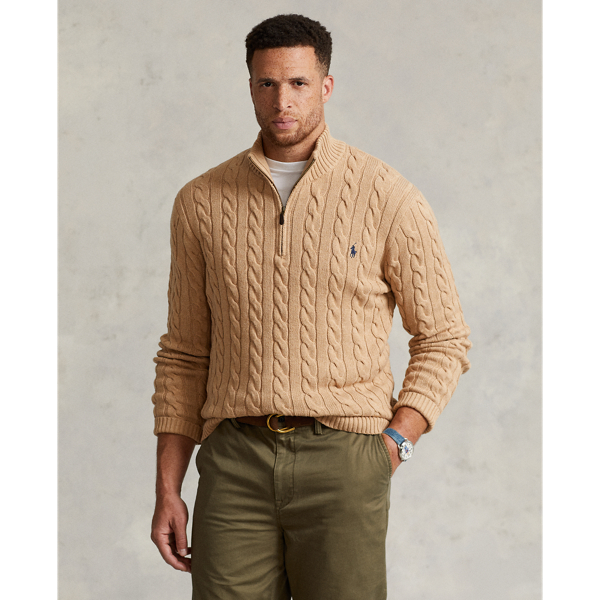 Camel Melange Cable-Knit Cotton Quarter-Zip Sweater Big & Tall 1