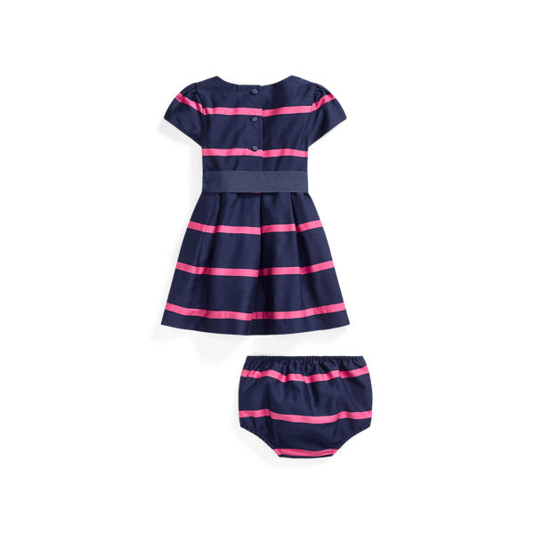 Refined Navy Multi Striped Sateen Dress & Bloomer Baby Girl 2