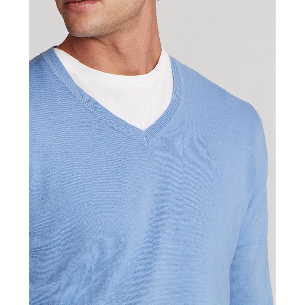 Washable Merino V-Neck Sweater Polo Golf in Fall Blue 5